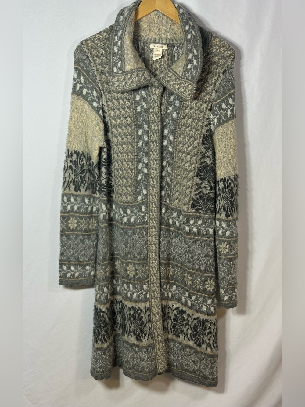 Sundance Long Nordic Knit Cardigan Gray Wool blend size small collared